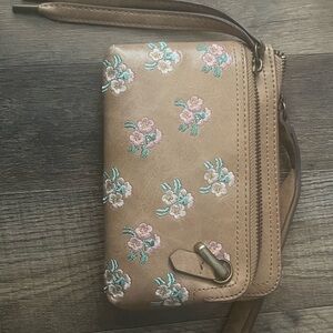 Floral Embroidered Tan Wristlet
